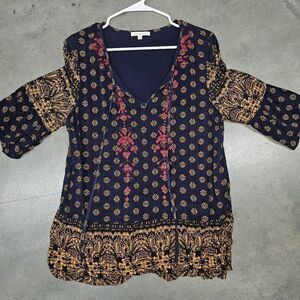 Skies Are Blue BohoTie Neck Blouse Large Navy Blue Golden Yellow Embroidered